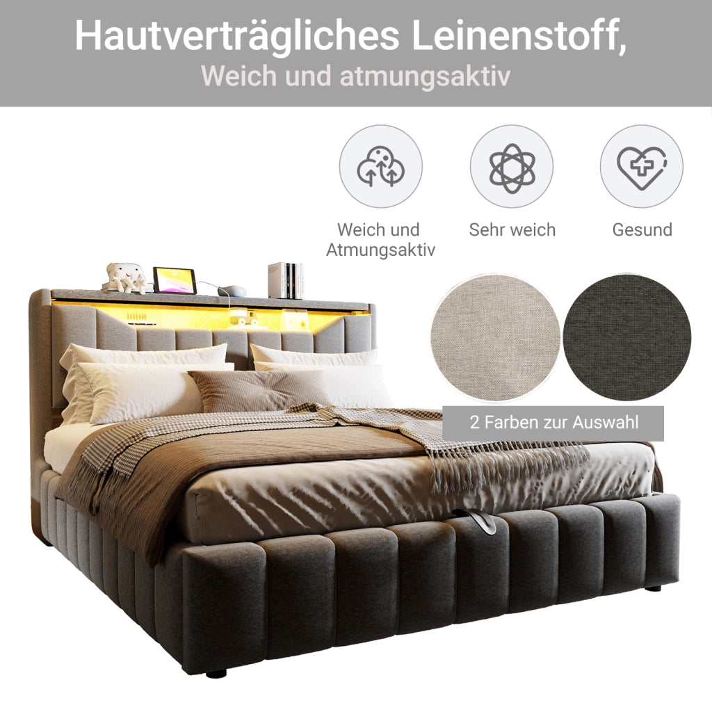 Letto contenitore matrimoniale 180 × 200 cm con sistema idraulico, LED, USB e USB-C, senza materasso, grigio