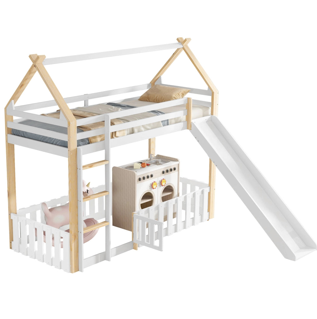 Letto a castello 90x200 cm con scivolo e tetto in legno; MDF e compensato bianco e naturale