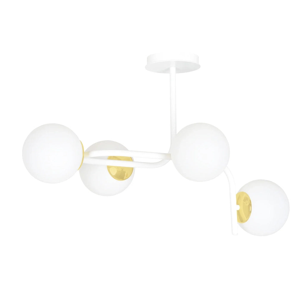 Lampadario 4 Luci Kalf Acciaio Bianco A Bracci Curvi E Sfere Vetro Opalino E Oro