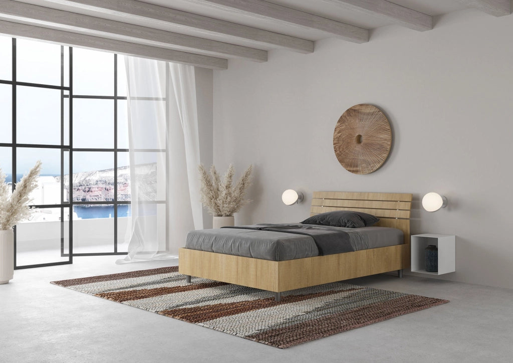 Letto 1 Piazza e Mezzo 120x190 cm con Rete e Contenitore Ankel Testata Doghe Inclinata Quercia