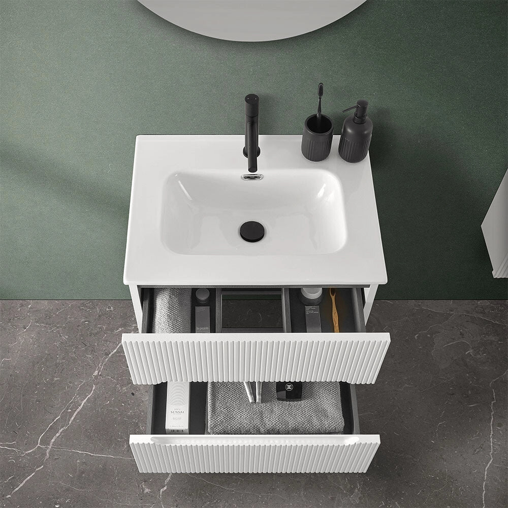 Mobile bagno sospeso cannettato 60 cm bianco opaco con lavabo Bali