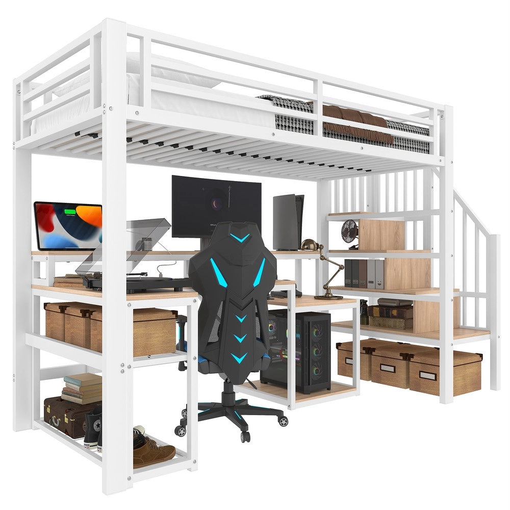 Letto a Soppalco con Scrivania e LED ¨C Xylo ¨C Bianco, Metallo, 90x200 cm