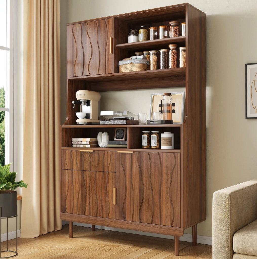 Credenza alta 100x32x170 cm con cassetto, ante e ripiani aperti color noce HAVRYA