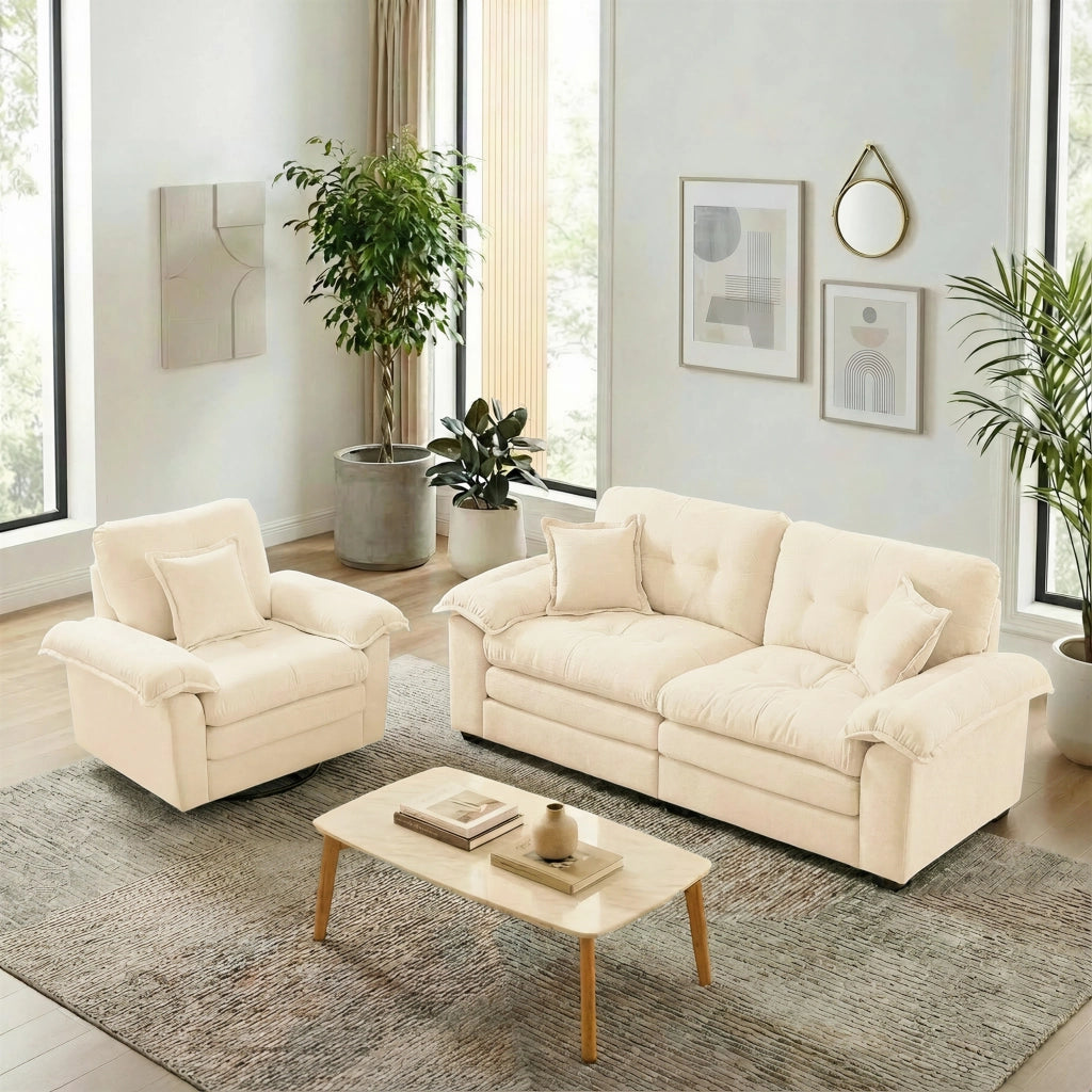 Divano in ciniglia con cuscini e seduta profonda in memory foam, struttura stabile beige