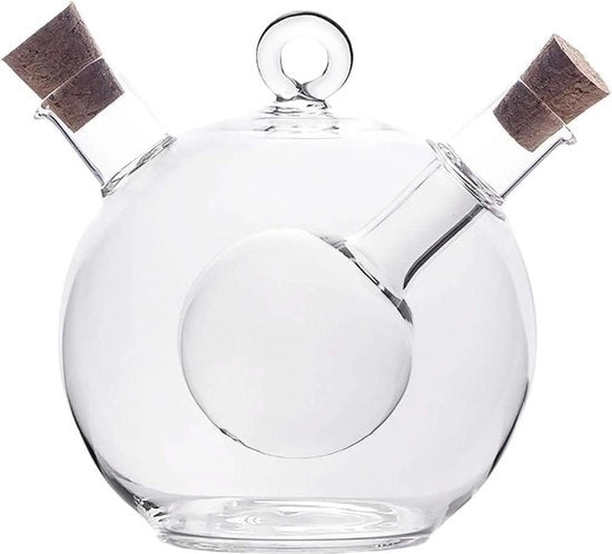 Dispensatore di aceto e olio in vetro - 2 aperture - 350 ml / 60 ml - 13 x 10,5 x 11,5 cm - Bocchetta di olio con decorazione di tappo in legno