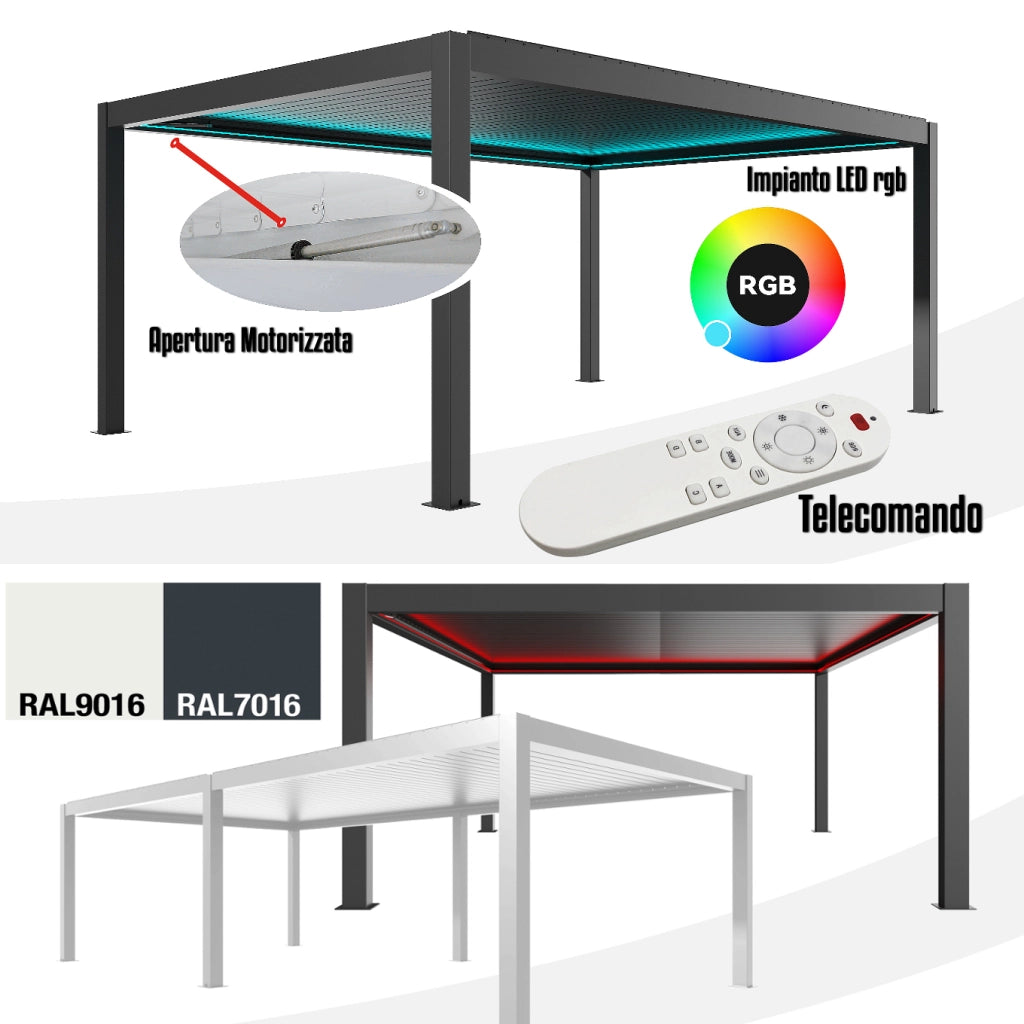 Pergola bioclimatica 8x4m apertura lamelle motorizzata con impianto led rgb - Antracite