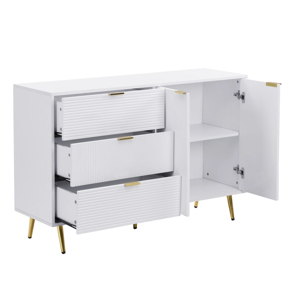 Credenza ULEVR 120x38x80,5 cm con 2 ante, 3 cassetti e ripiani interni, bianco e oro