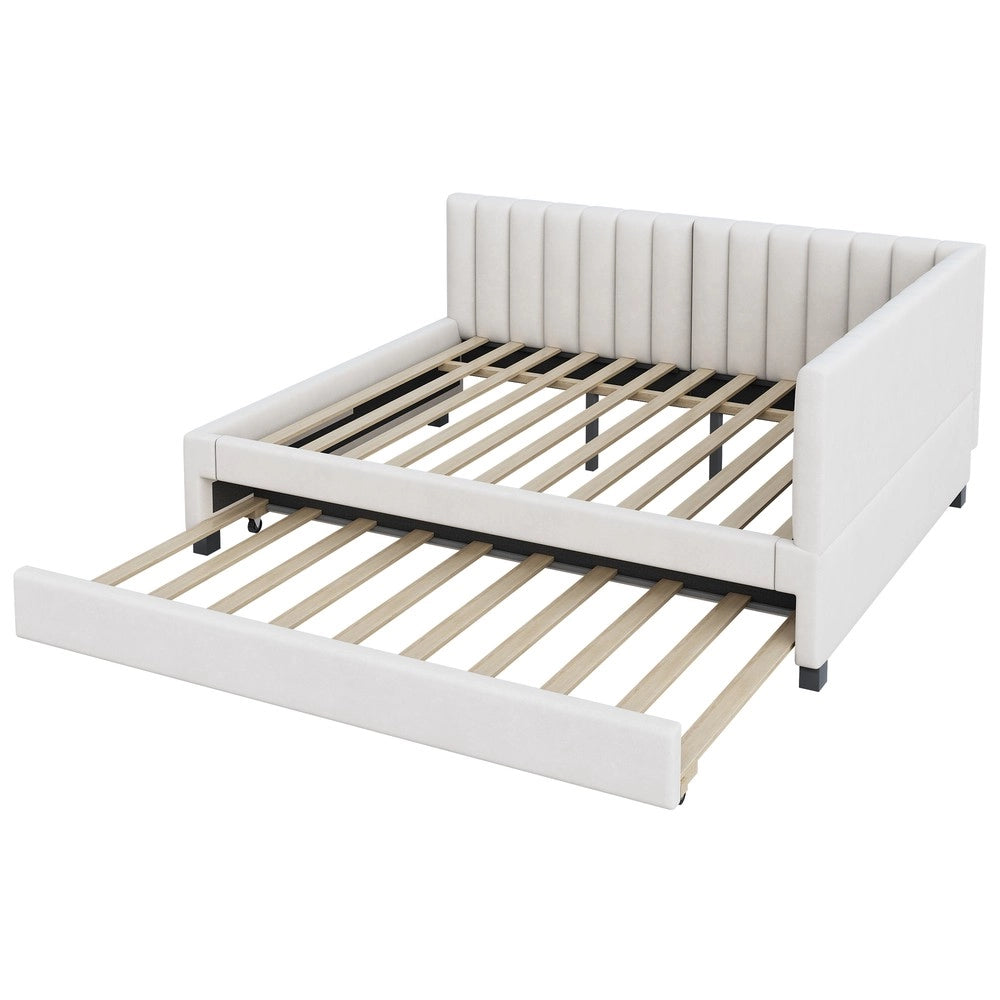 Letto Imbottito Contenitore Estraibile ¨C MINIMAL ¨C Velluto Beige 140x200 con Rete a Doghe