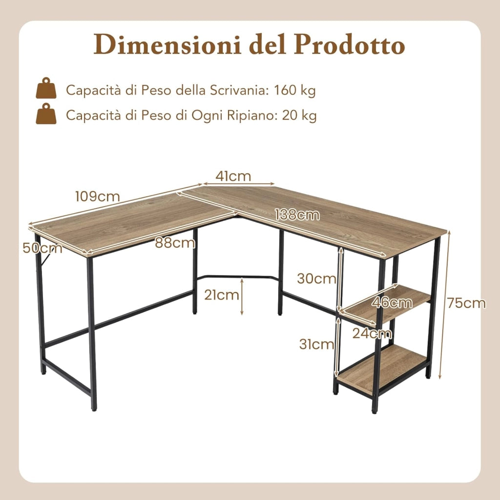 Scrivania Angolare 138 CM, Scrivania ad Angolo con 2 Prese, 2 Porte USB, Telaio in Acciaio al Carbonio e Ripiano a 2 Livelli Rimovibile, Scrivania Salvaspazio da Ufficio e Casa (Legno)