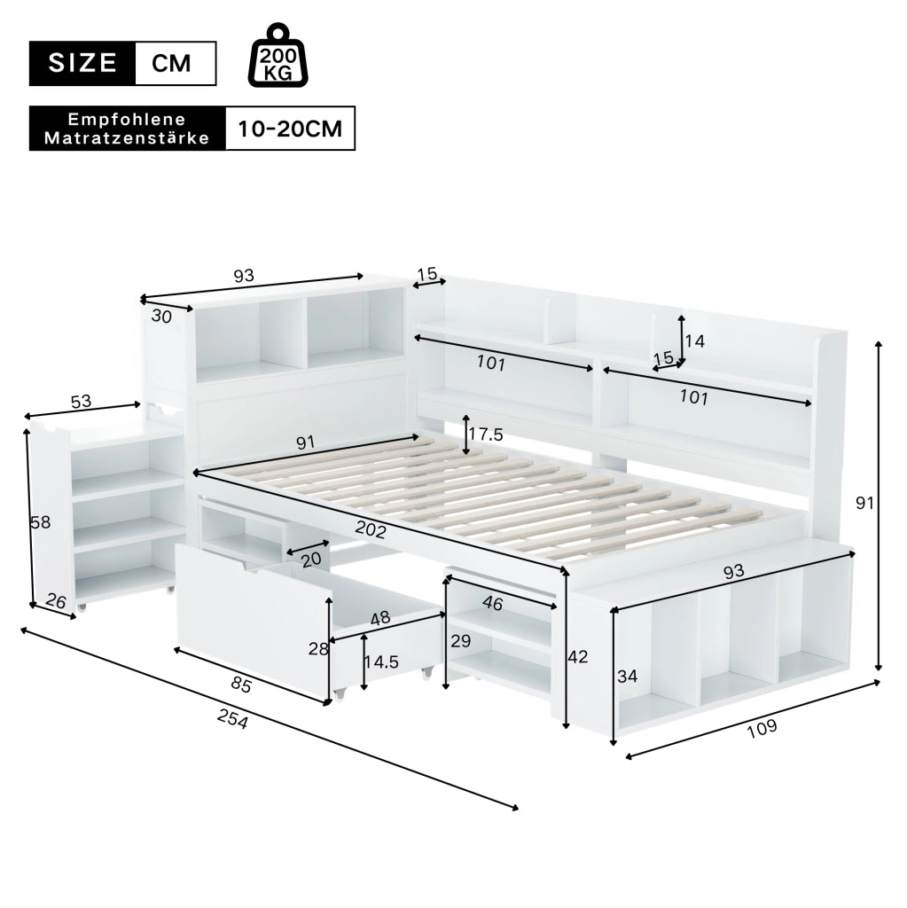 Letto per bambini 90 x 200 cm con cassetti, libreria e armadi bianchi