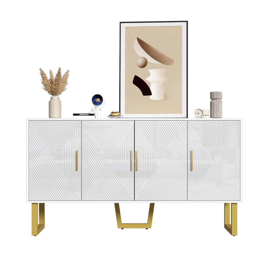 Credenza Bianca Moderna 150 cm Madia 4 Ante Lucida con Maniglie Dorate e Ripiani Regolabili