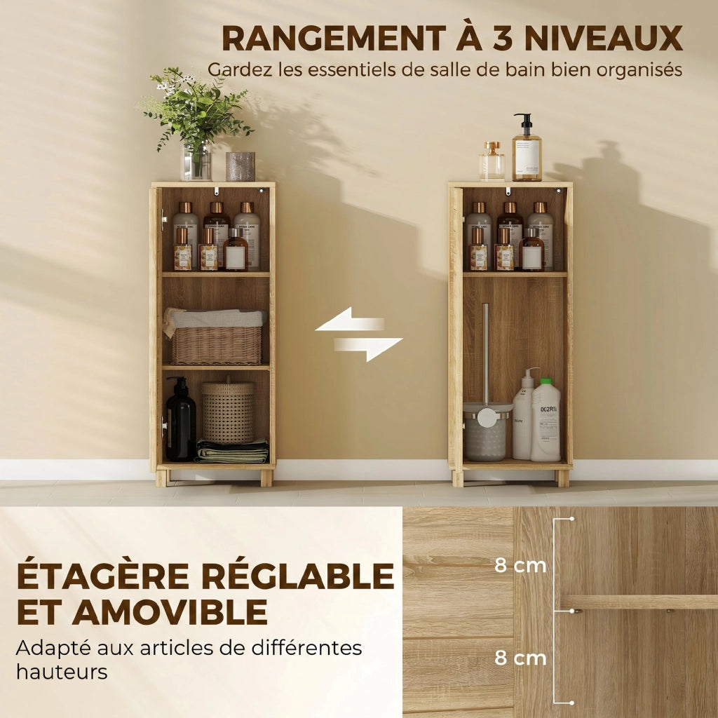 Mobiletto Bagno in Legno con Ripiano Regolabile e Anta a Lamelle, Apertura a Pressione ¨C zephmum ¨C 34x23x84 cm, Naturale