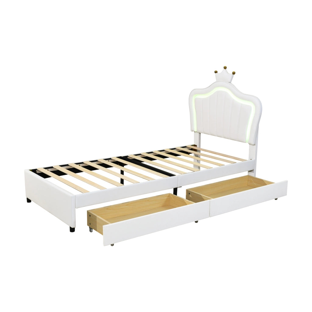 OKWISH Letto Bambino 90×200 cm, Letto Singolo con 2 Cassetti, LED Regolabile e Testiera Regolabile, senza Materasso, PU Bianco