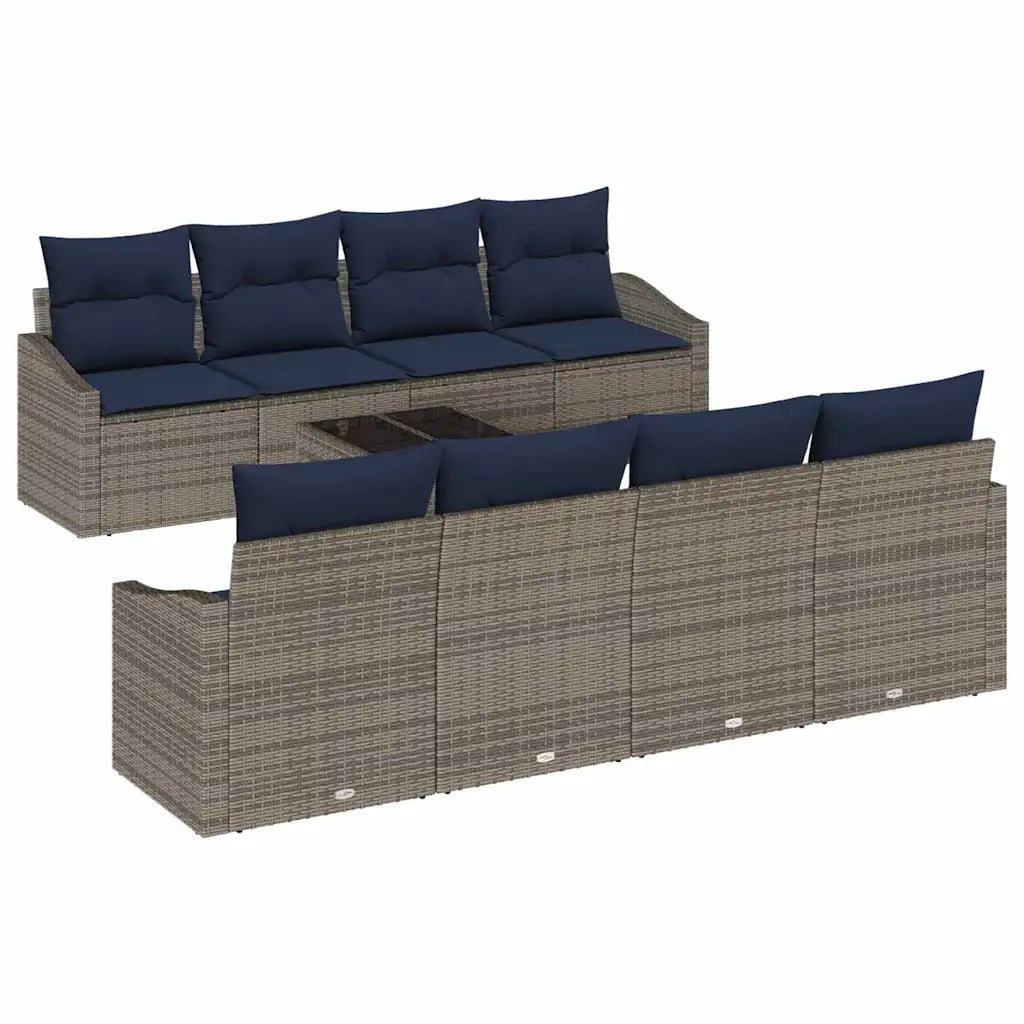 Set di divani con cuscino 9 pcs Grigio e Blu Navy polyrattan