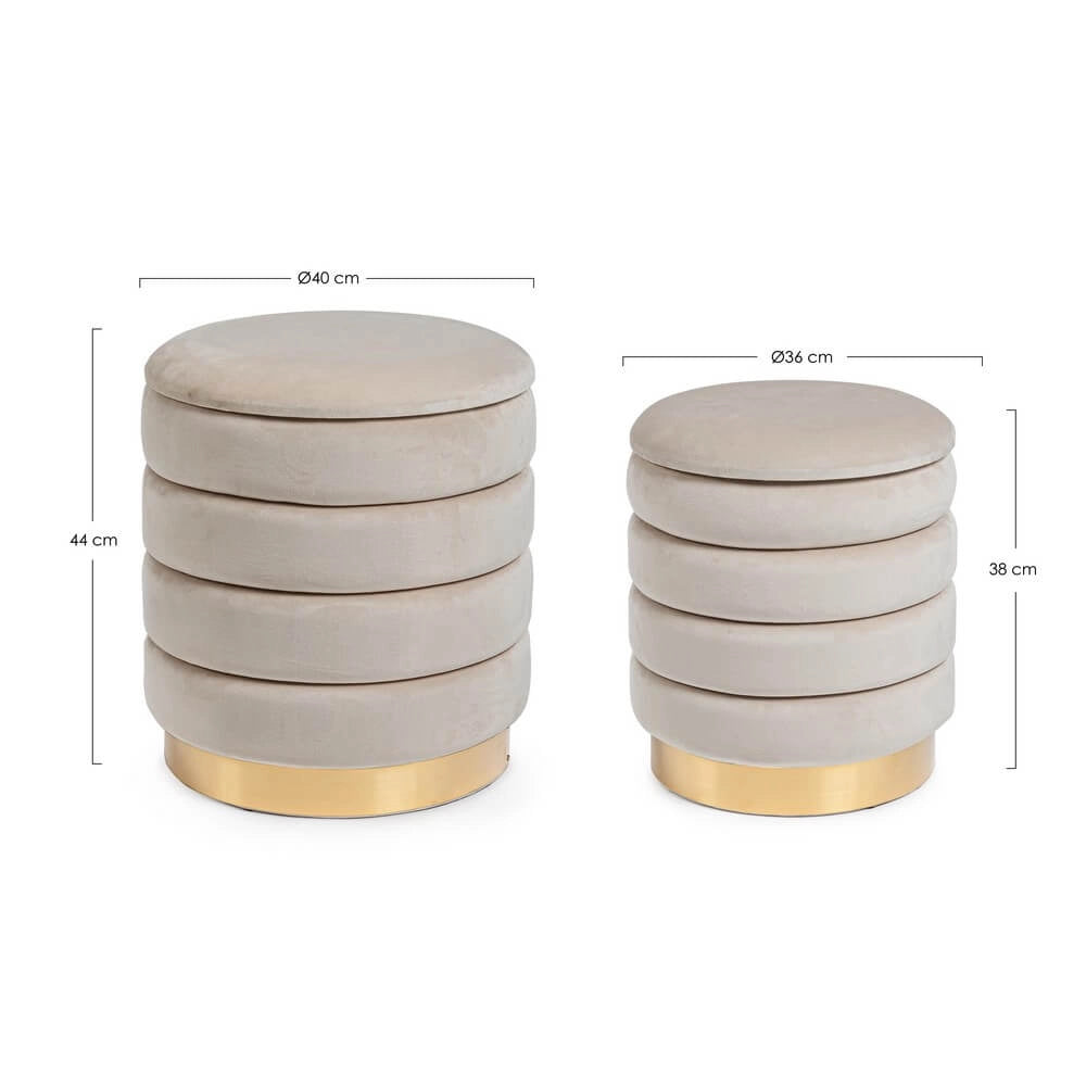 Set di 2 Pouf Contenitore Rotondi in Velluto con Base Dorata - TINI
