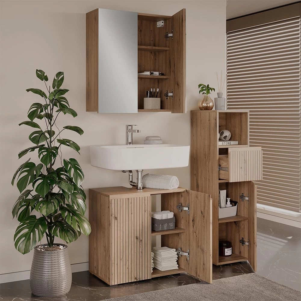 Set di mobili da bagno 3 pezzi Takumi, Artigiano, 60 cm, composto da mobile sottolavabo, specchiera e mobile medio