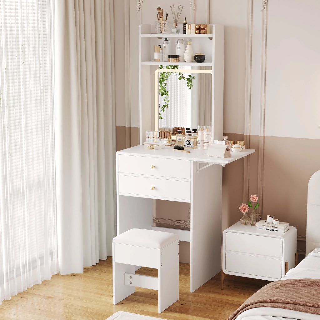 Tavolo da trucco pieghevole con illuminazione LED a 3 tonalit¨¤, 2 cassetti, 2 vani aperti, specchio e sgabello, bianco