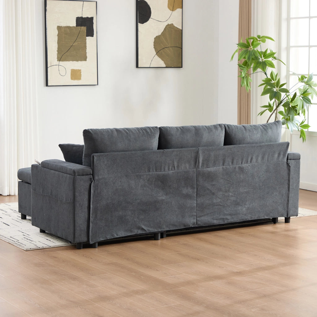 DIVANO 3 posti 212,5x136x86 cm Grigio Scuro in lino con chaise longue e letto estraibile