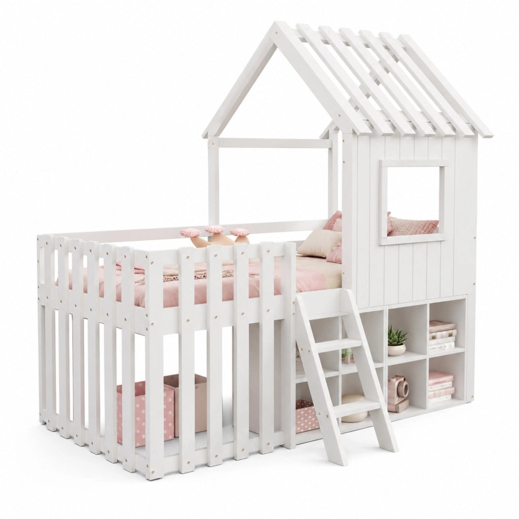 Letto a soppalco per bambini 90x200 cm con tetto e contenitori; bianco