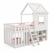 Letto a soppalco per bambini 90x200 cm con tetto e contenitori; bianco
