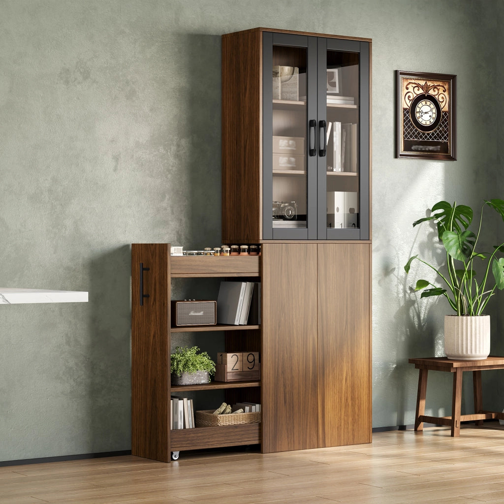 Mobile dispensa stretto 60×30×180 cm con ante in vetro, carrello estraibile e 4 ripiani