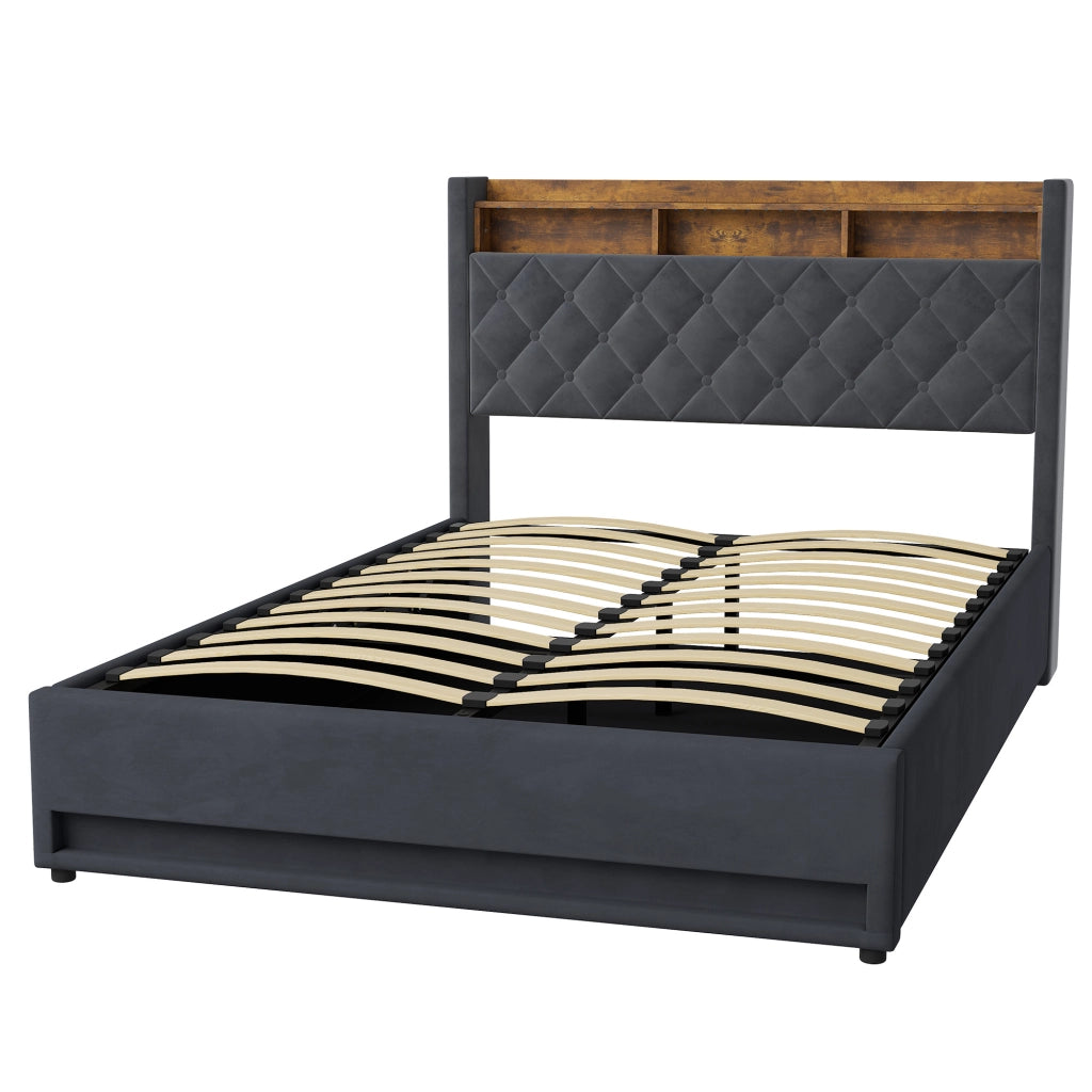 Letto Imbottito 140x200 cm Grigio Scuro in Velluto con Rete a Doghe