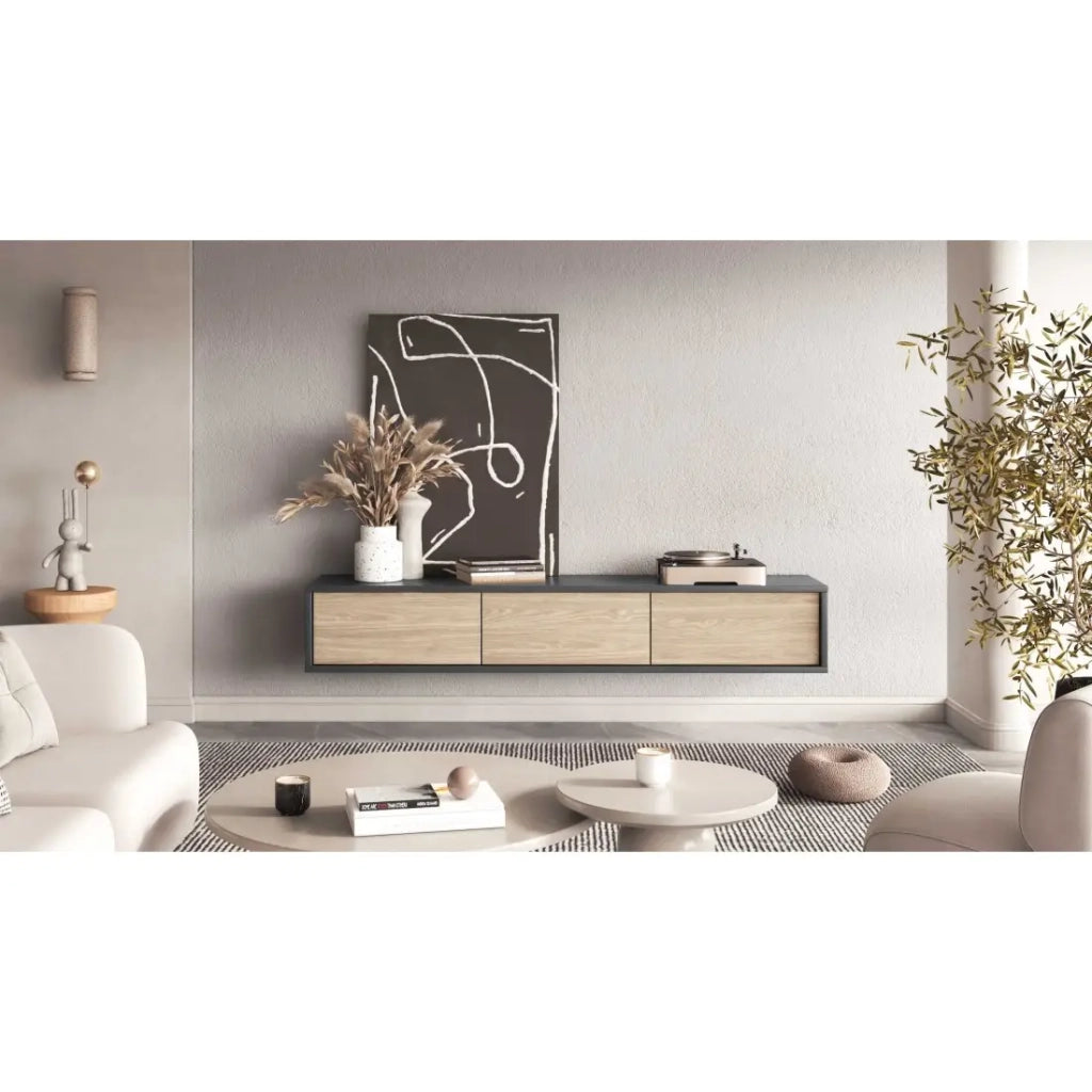Mobile porta TV 180cm collezione MAANUM. Colore grigio e rovere chiaro.