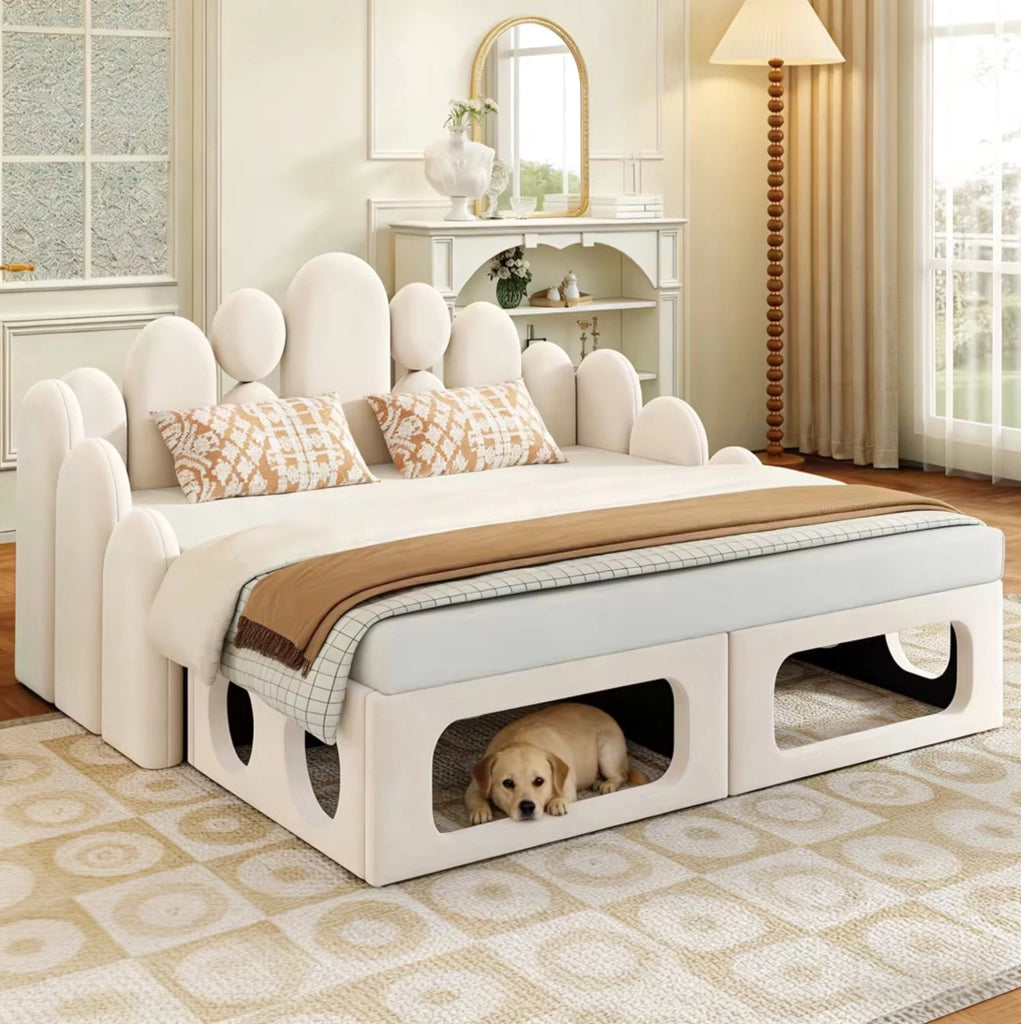 Letto multifunzione 180x200 cm in velluto beige con cuccia