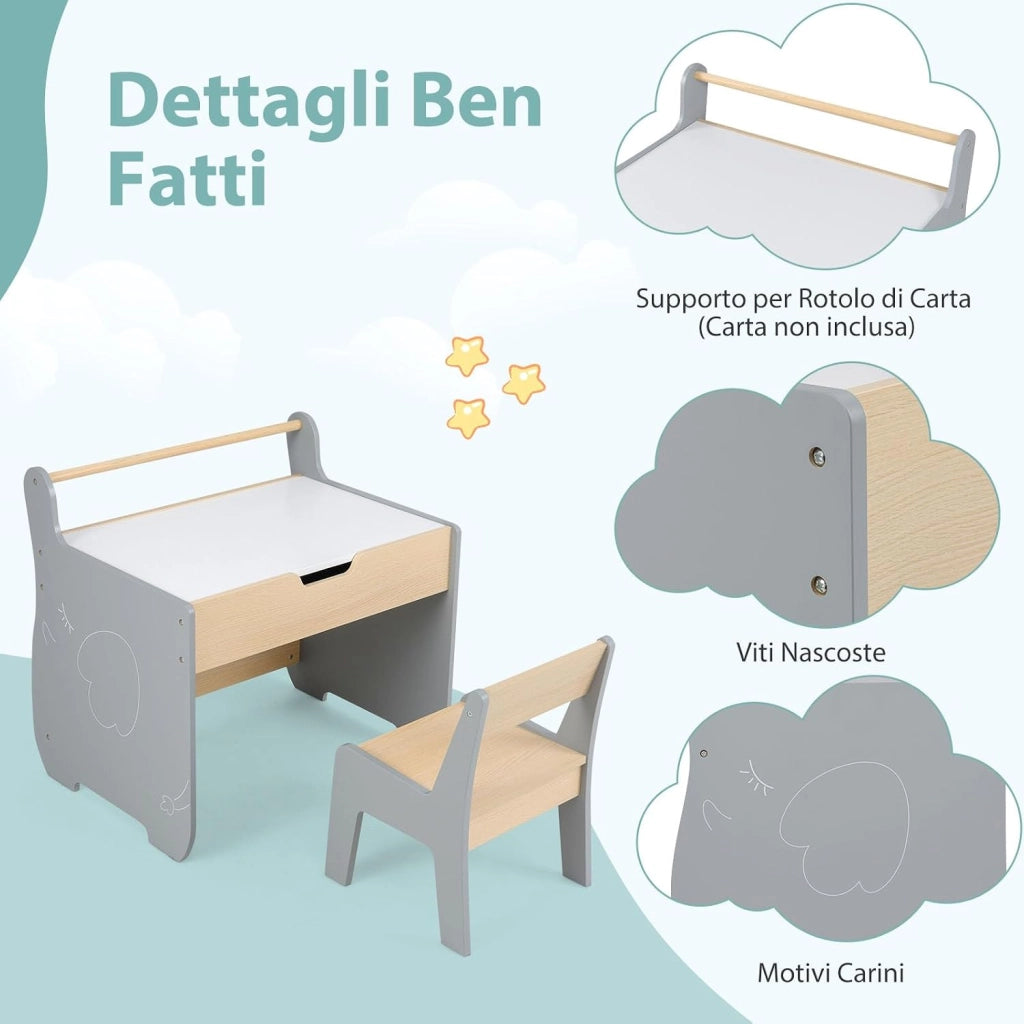 Set Tavolo e Sedia per Bambini 2 in 1, Set con Scrivania e Sedia in Legno per Bambini con Piano Rimovibile, Spazio di Archiviazione e Porta Rotolo di Carta per Aula e Cameretta (Grigio)