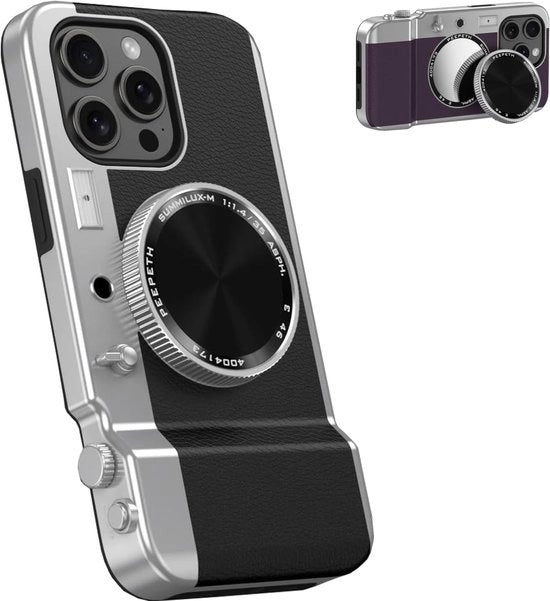 Macchina Fotografica Retro 3D a forma di Cartone - Adatto per iPhone 16 Pro Max - Magsafe - Hard PC + TPU - Nero