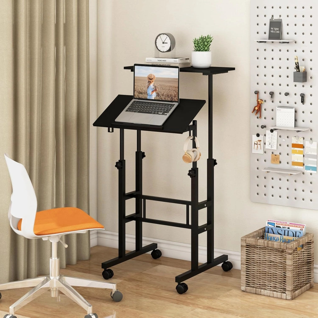 Scrivania per Computer Regolabile in Altezza, Scrivania Salvaspazio con Ruote e Ganci, Tavolo Porta PC per Studio e Ufficio, 60 x 60 x 72-124 cm (Nero)