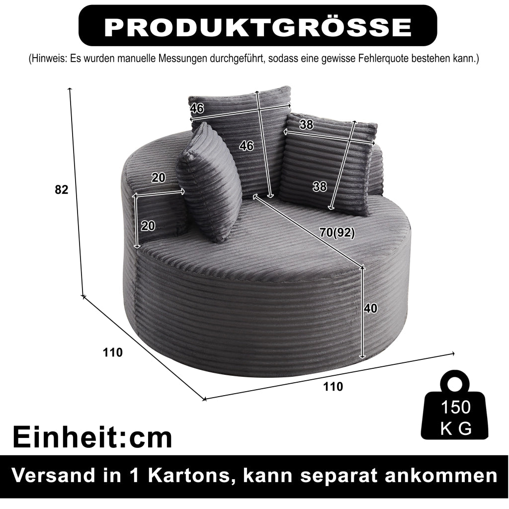 Poltrona lounge rotonda con braccioli larghi e 3 cuscini design minimalista in velluto a coste grigio 116 × 34 × 31 cm