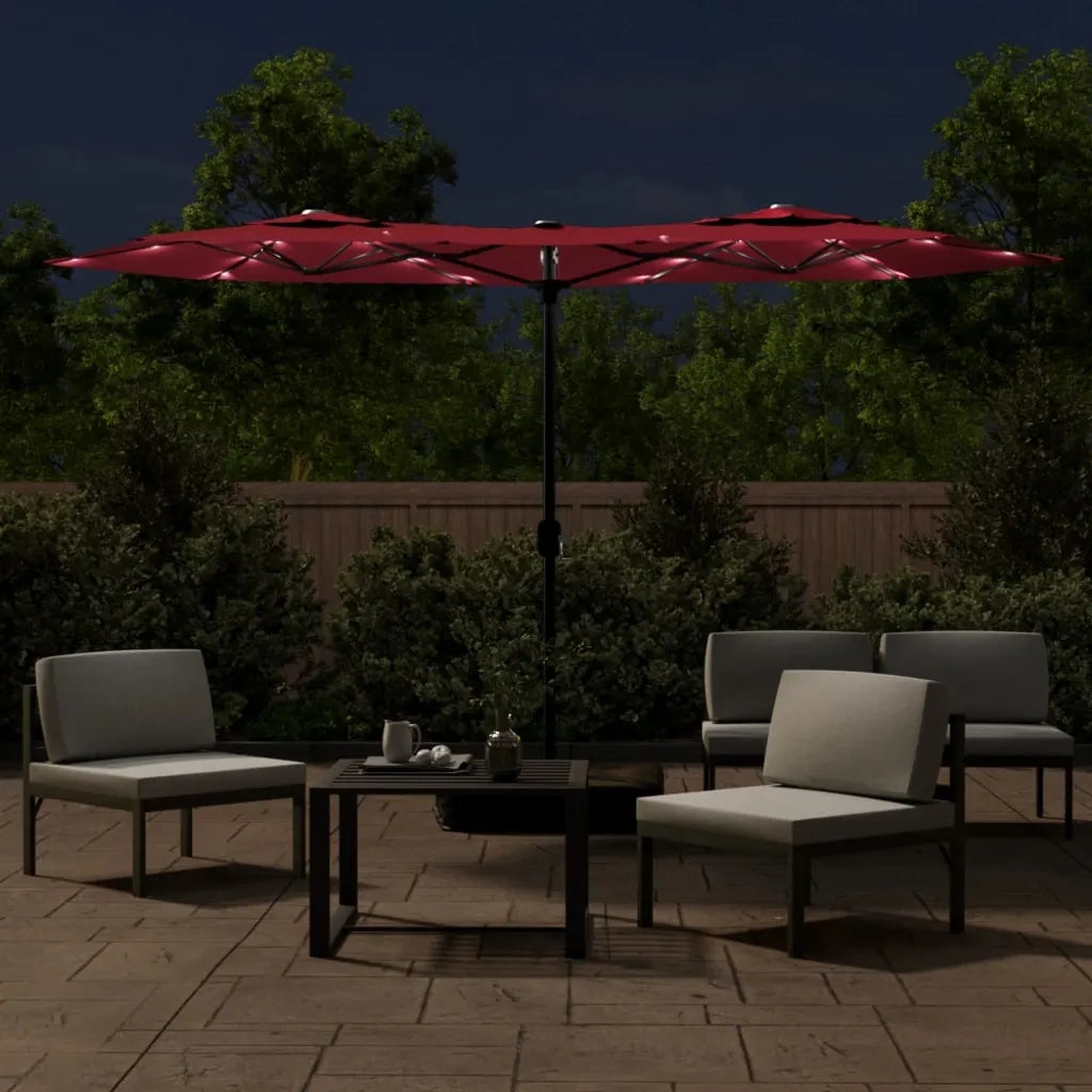 Ombrellone a Doppia Testa con LED Rosso Bordeaux 316x145 cm 362973