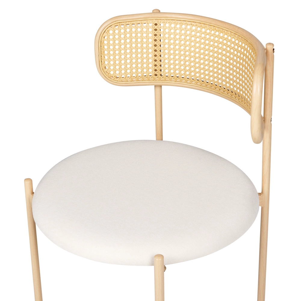 Set di 2 sedie da salotto con seduta in tessuto beige e struttura in metallo con effetto legno chiaro treccia viennese stile retrò soggiorno