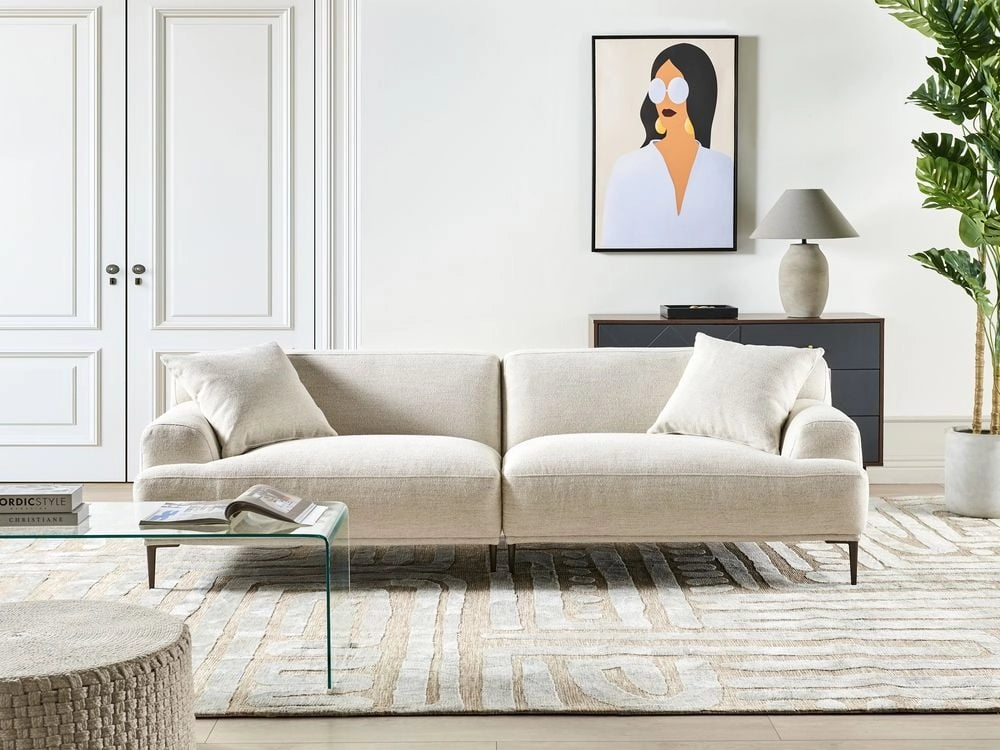 Divano a 3 posti in tessuto Beige chiaro Soggiorno Stile moderno Gambe in metallo