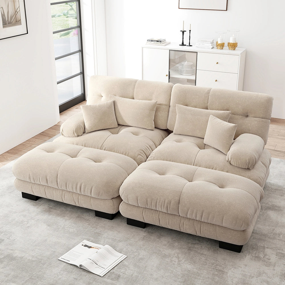 Divano angolare Cloud - Xylo - 2 posti in chenille con 2 cuscini lombari, 2 decorativi e 2 pouf, marrone chiaro
