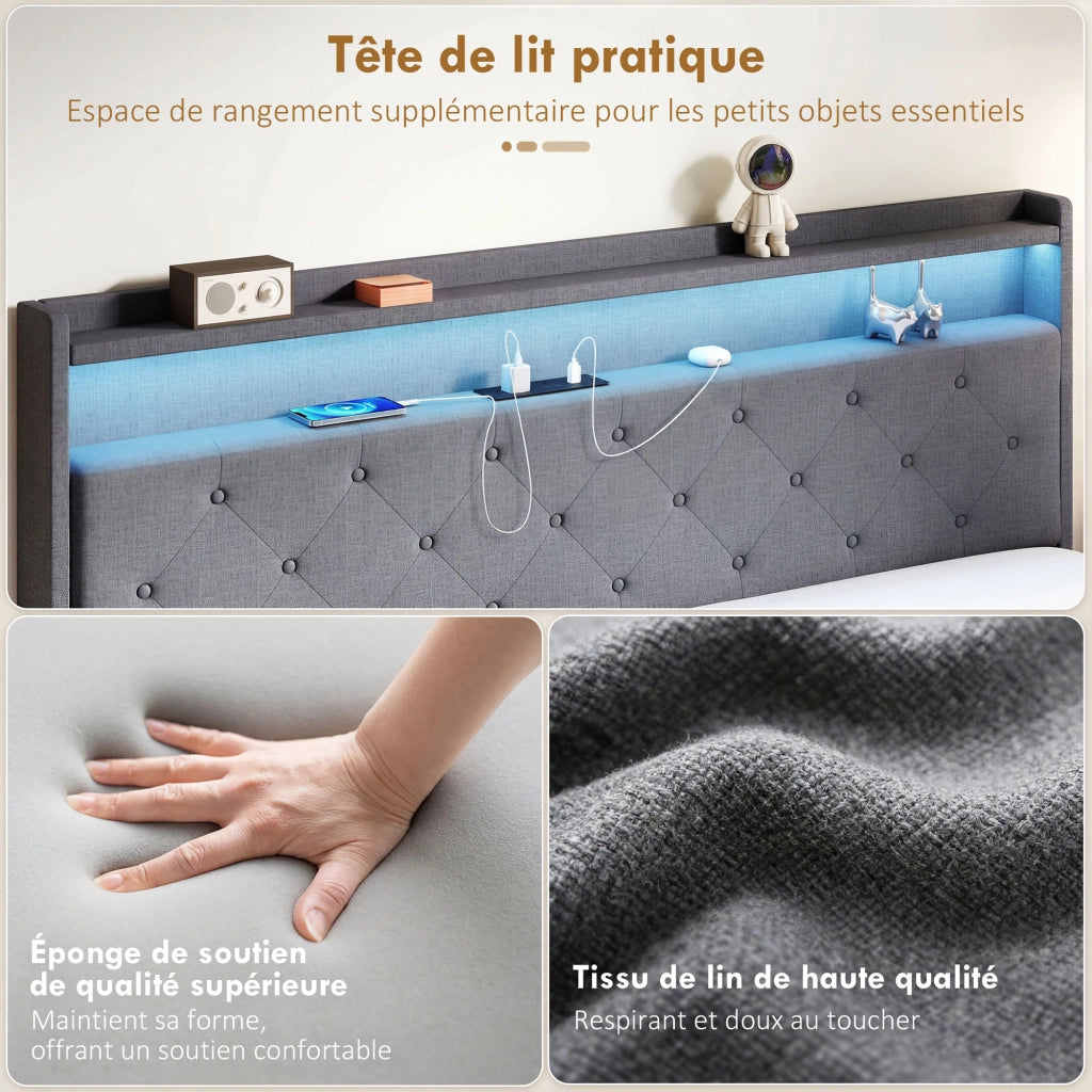 Letto Matrimoniale con Luci LED e Stazione di Carica ¨C zephmum ¨C Grigio 160x200 cm