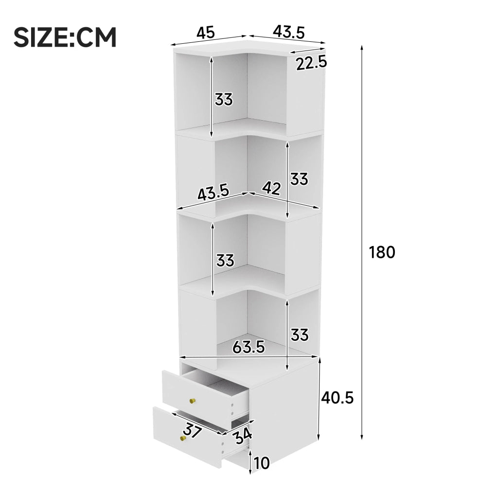 Libreria angolare con LED da app 4 ripiani aperti e 2 cassetti in MDF per studio soggiorno bianca 45 × 43,5 × 180 cm