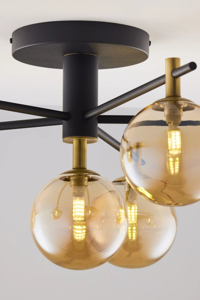 Plafoniera FIGARO Jupiter nera oro, 6 sfere ambra G9