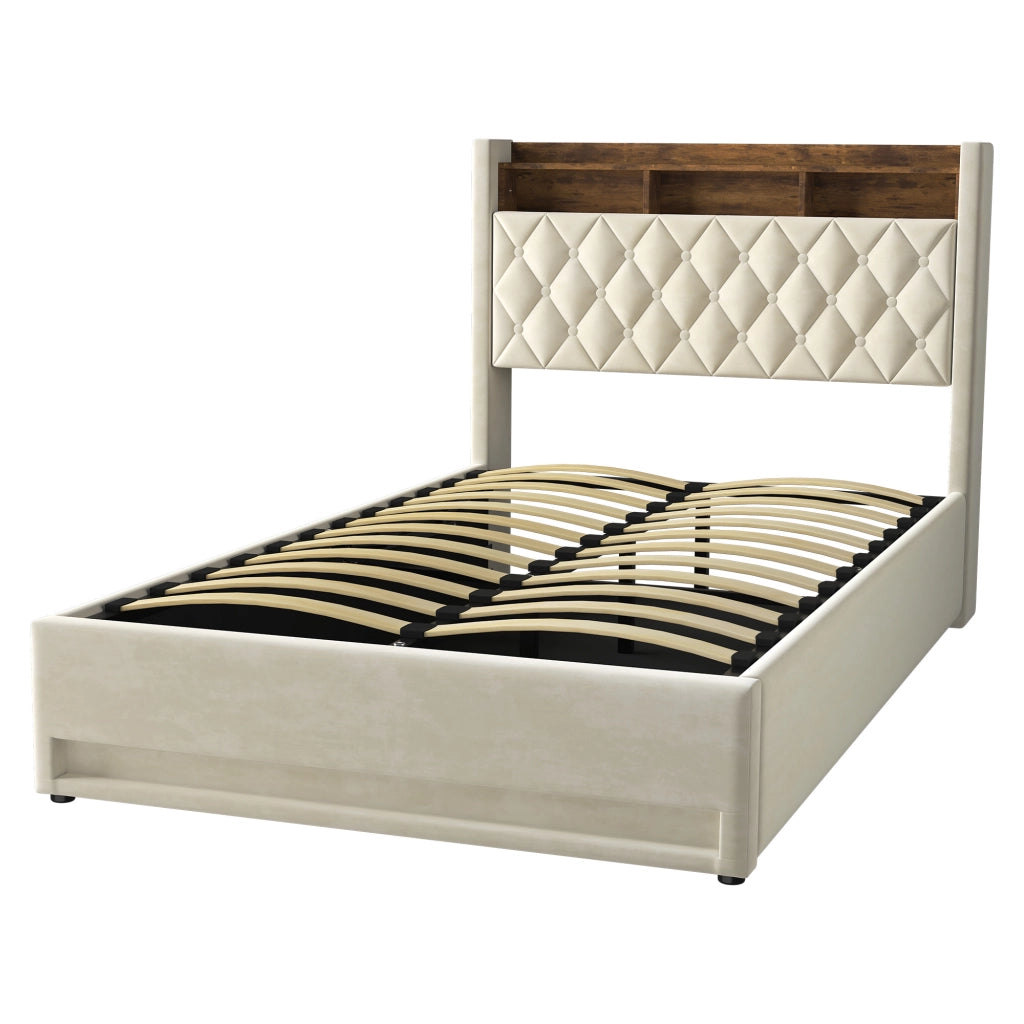 LETTO Imbottito 140 x 200 cm in Velluto Beige con Base a Doghe
