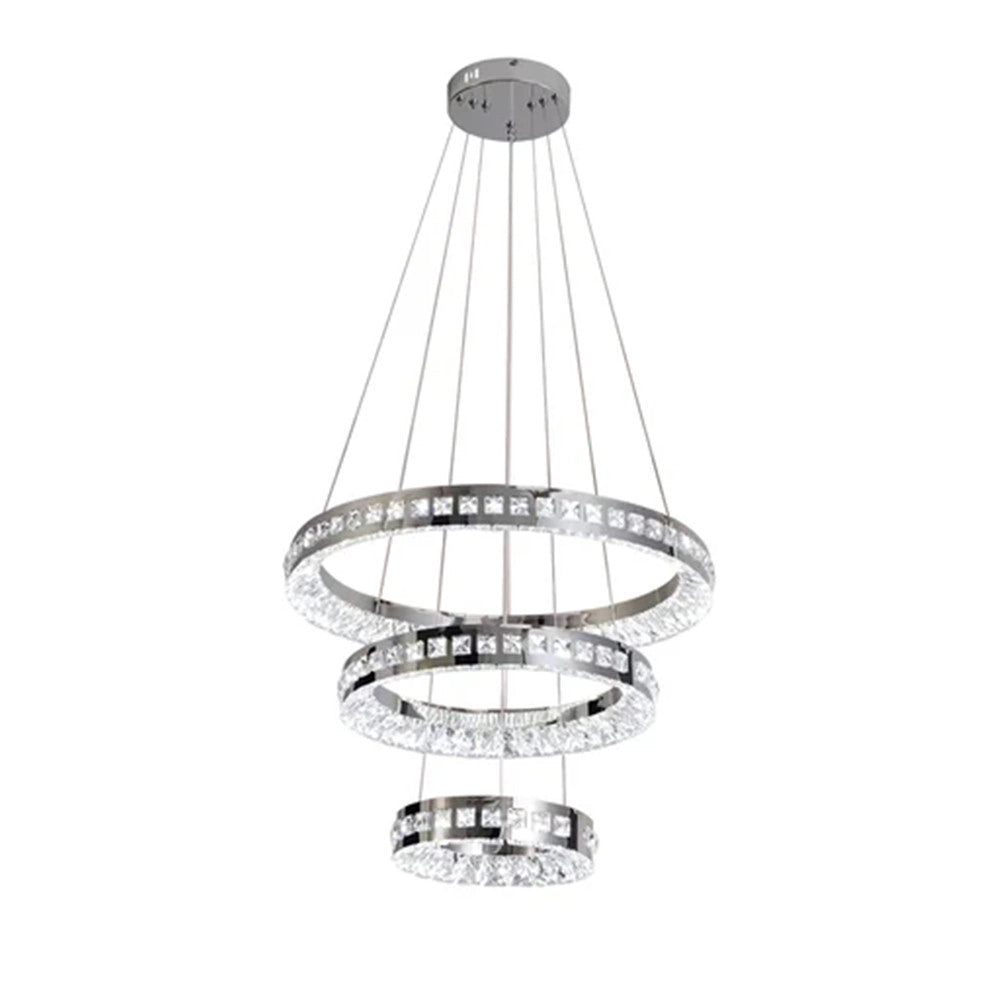 Trade Shop - Lampadario Led A Sospensione Soffitto 46w Cct 3 Anelli Decorati Cristalli Acrilico B50-3c -