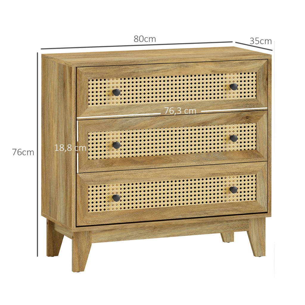 Cassettiera 3 cassetti in legno chiaro con inserto in rotin naturale ¨C Xylo ¨C 80x35x76 cm