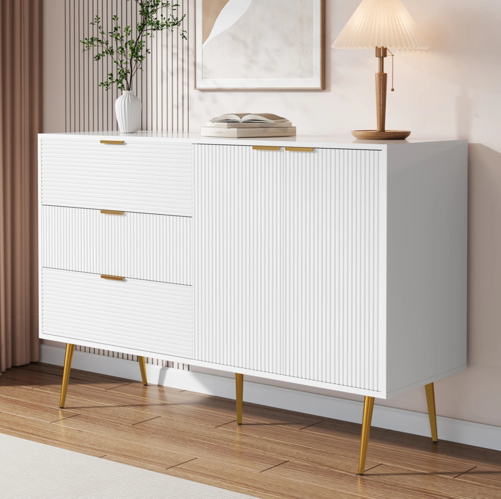 Credenza ULEVR 120x38x80,5 cm con 2 ante, 3 cassetti e ripiani interni, bianco e oro