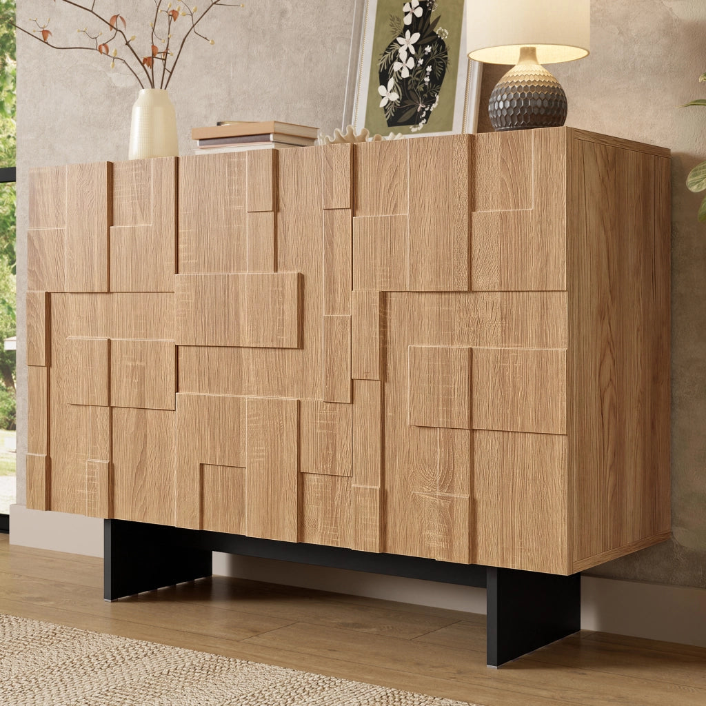 Credenza con 3 ante e ripiani regolabili, frontale geometrico, in bambù e MDF, naturale e nero, 105 × 33,5 × 76 cm