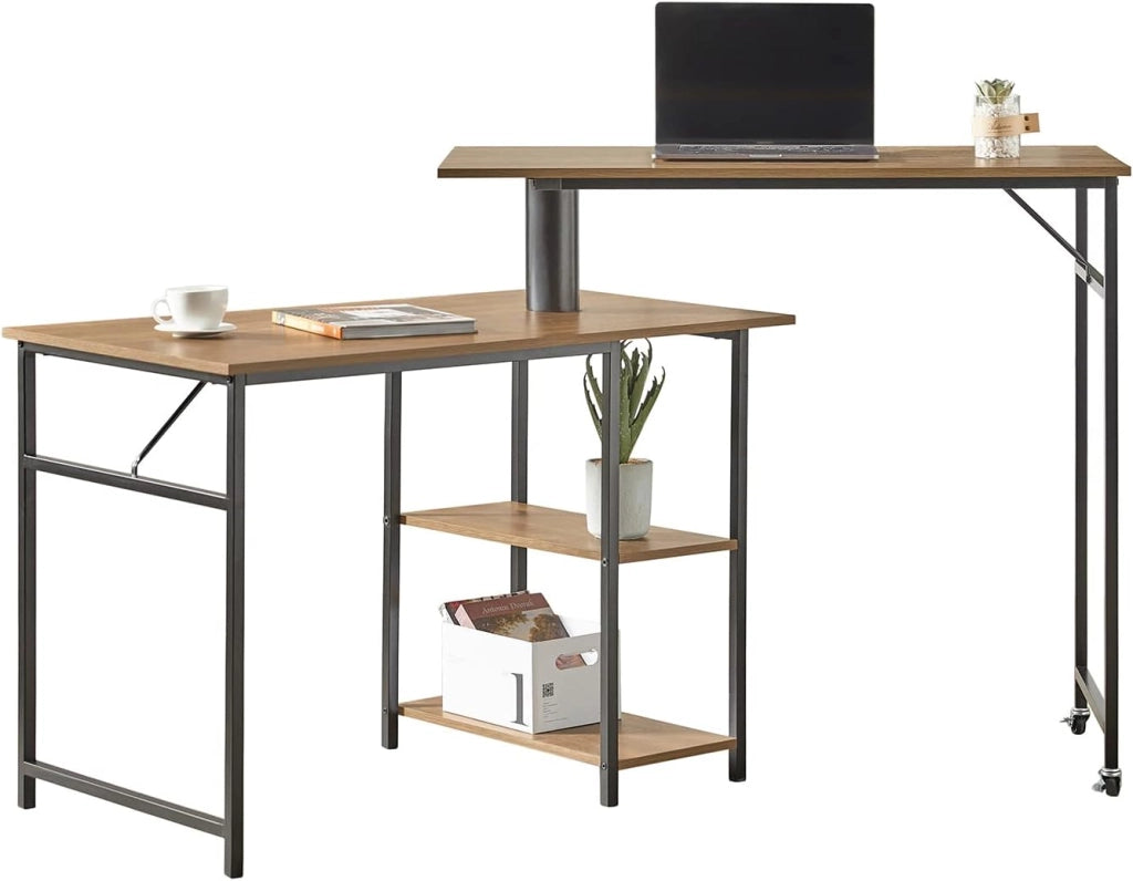 Scrivania con 2 ripiani, Tavolo da bar girevole a 360 gradi, Tavolo per computer con ruote, Stile industriale, FWT93-F