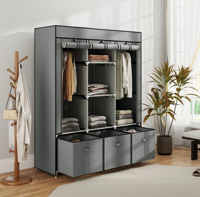 Armadio in tessuto grigio chiaro 125 x 43 x 162,5 cm con 2 barre e 3 cassetti