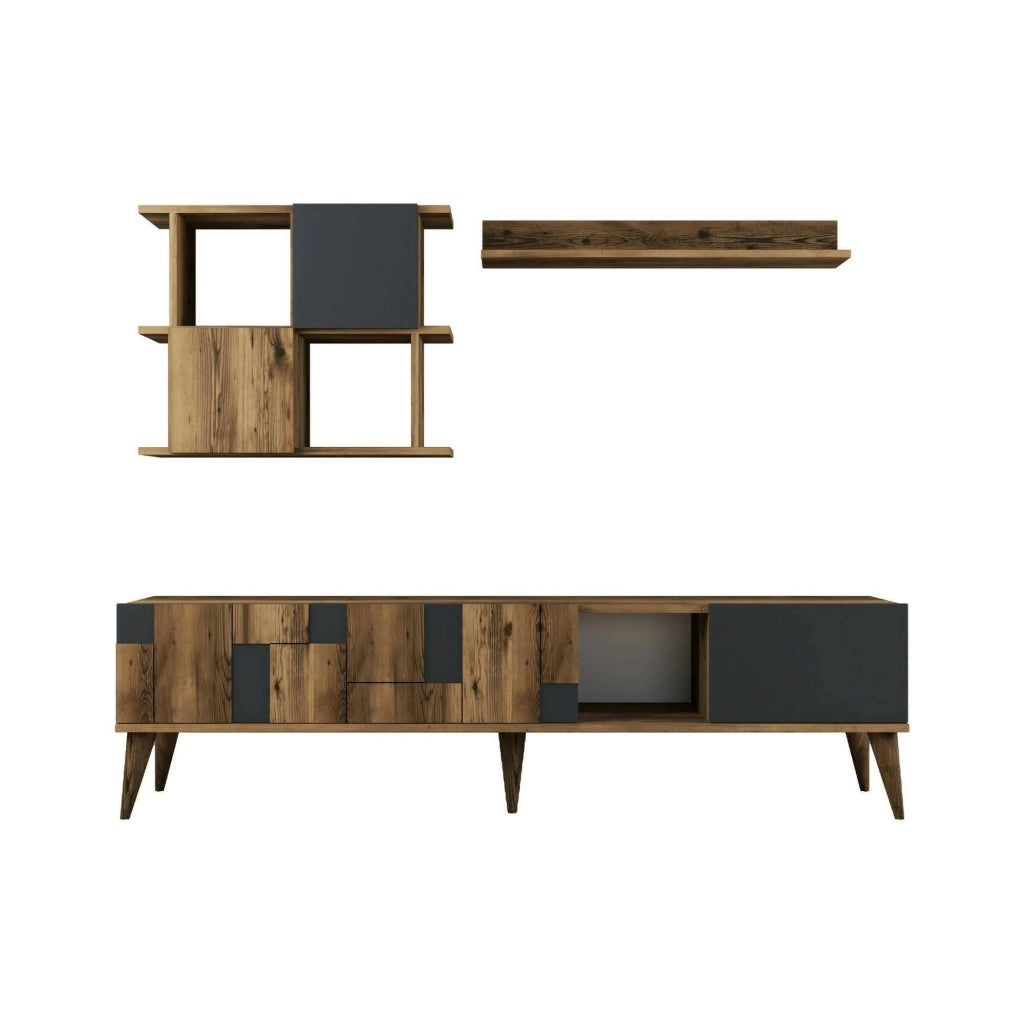 Mobile porta TV Dora, Credenza da soggiorno, Armadio basso per TV, Base parete attrezzata, 180x34h49 cm, Noce e Antracite