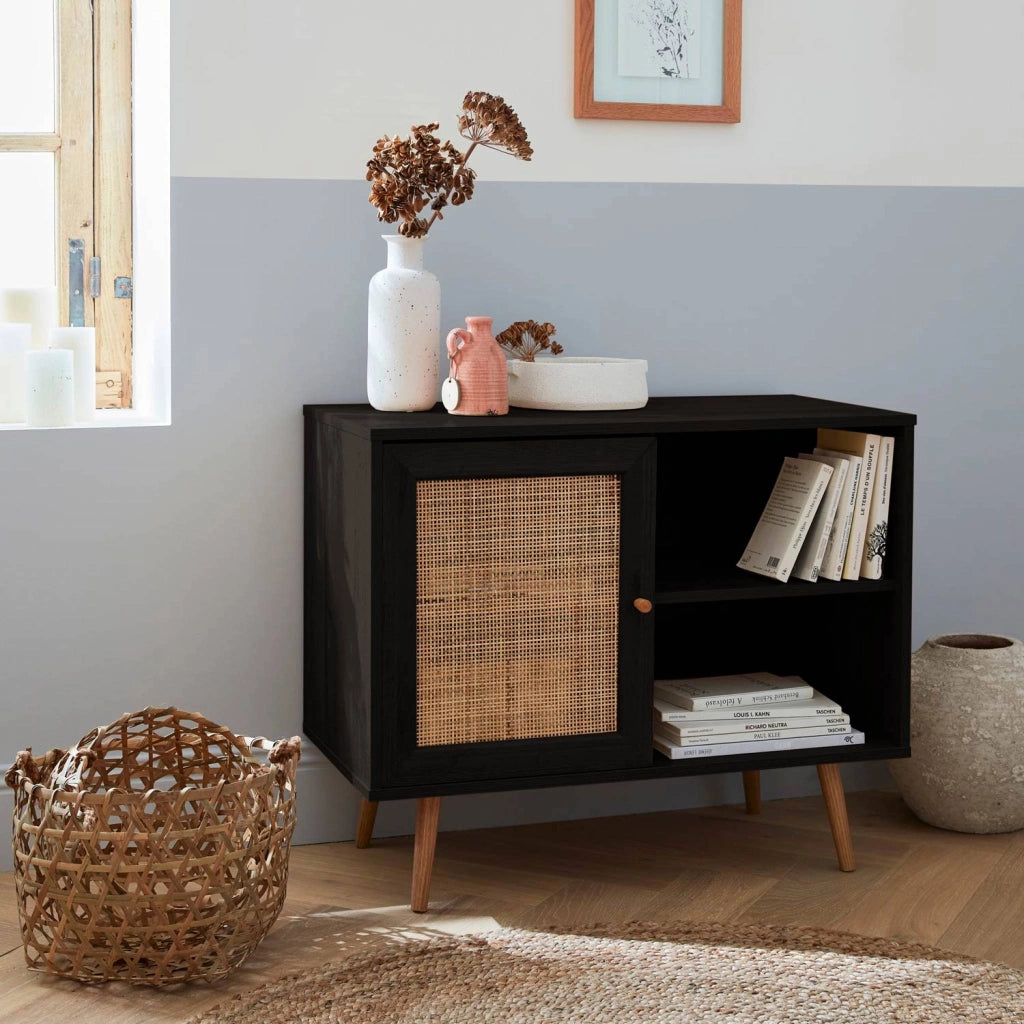 Credenza in cannage, 1 anta, 80cm, nero