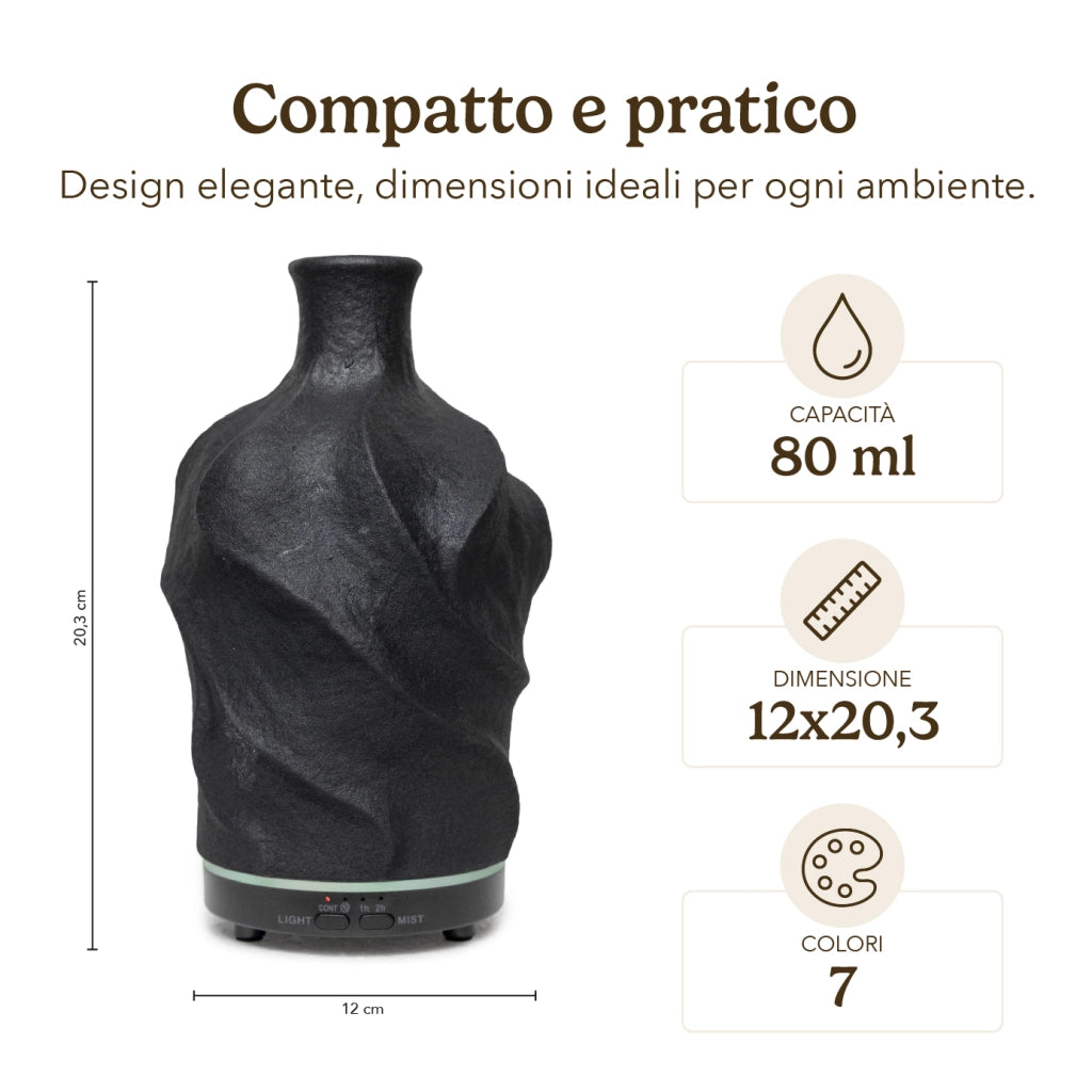 Diffusore di Aromi 80 ml in Ceramica con Luce LED 7 Colori, Umidificatore per Oli Essenziali con Timer 1/2 Ore, Alimentazione USB-C 5V, Design Compatto Nero