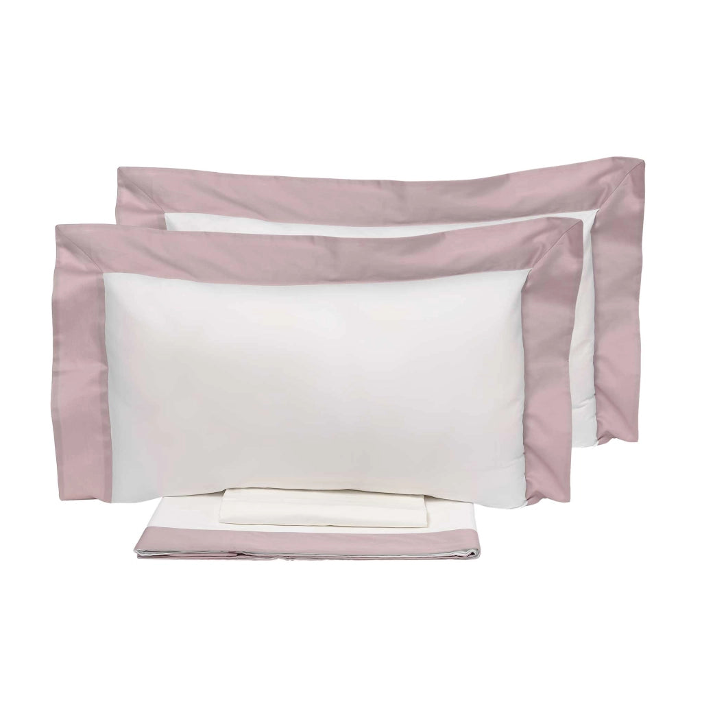 Set Lenzuola Matrimoniale Sopra Sotto e Federe Bordi in Raso Garrini Eveline Avorio/Rosa